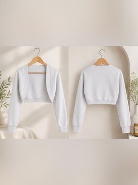 White Cropped Open-Front Shrug Sweatshirt with Thumbholes - Size S